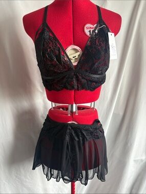 Lace Bralette & Sheer Skirt Set - Black